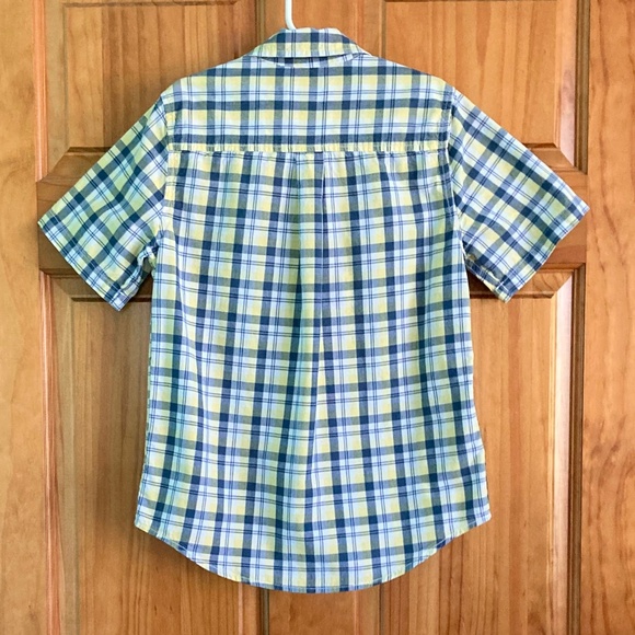 Boys size 7/8 Children’s Place blue and yellow plaid short sleeved button up - Picture 2 of 5